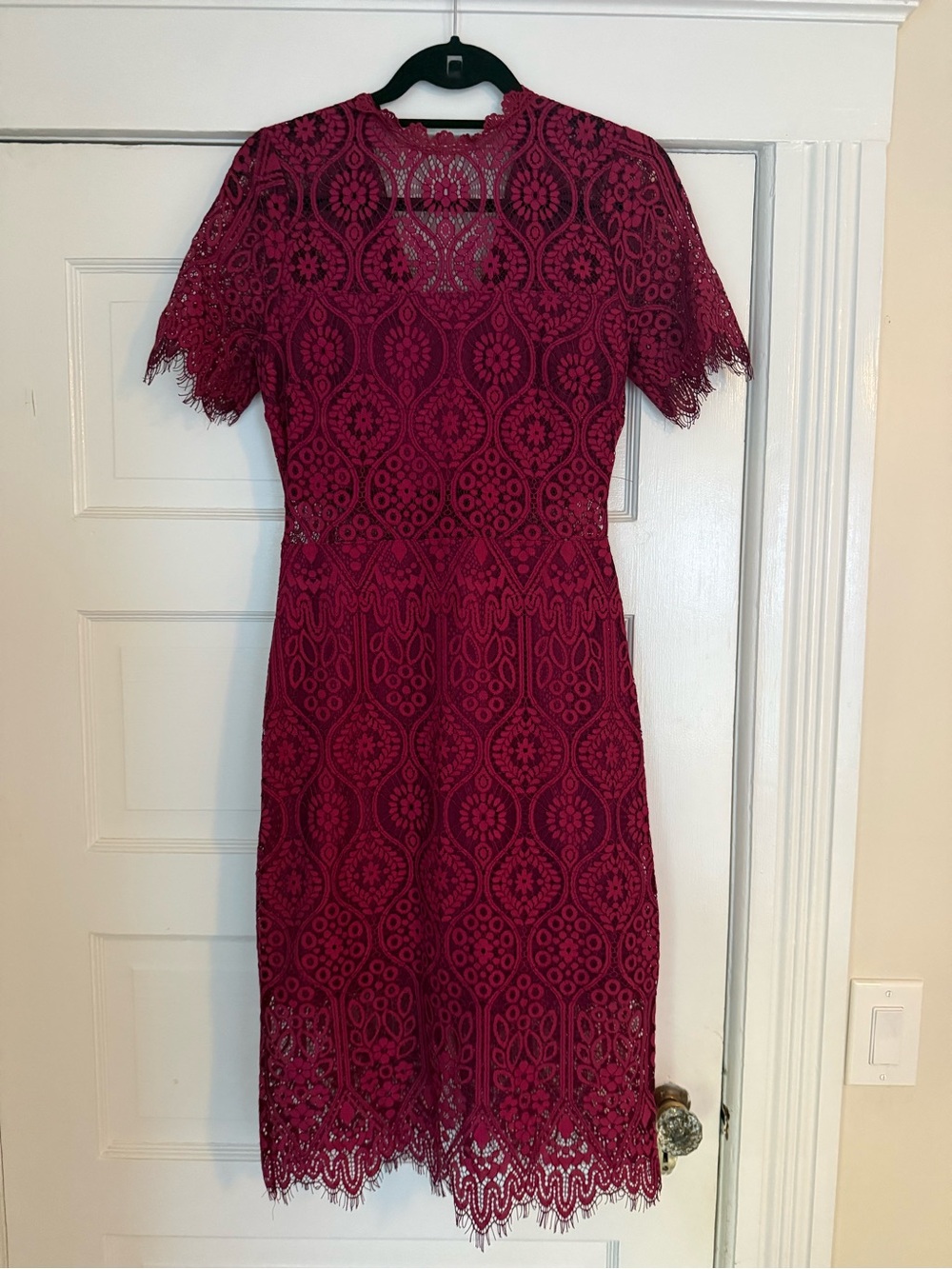 Lulu's Burgundy Lace Midi Dress with Scalloped Hem